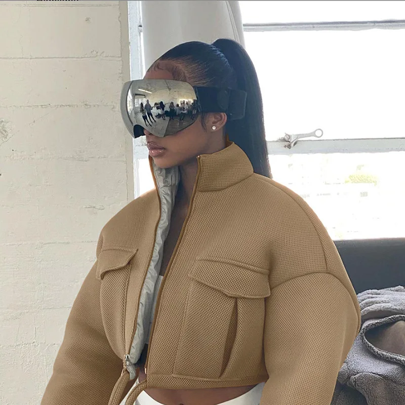 Sunny Y2K Winter Women Bubble Puffer Warm Jacket Drawstring Thick Streetwear Short Coats Turtleneck Zipper Pocket Outerwear