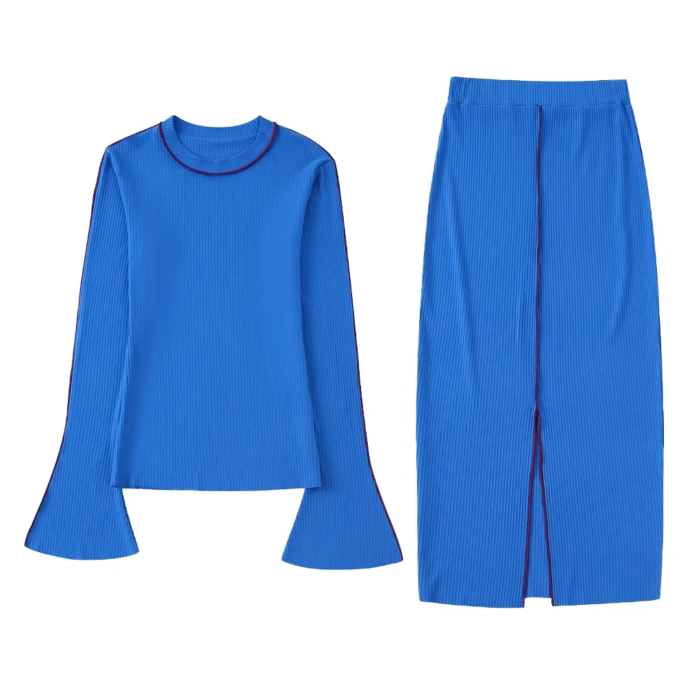 

Fall new women's sweet casual round neck flared sleeve seam trim knit top + high waist split straight skirt set