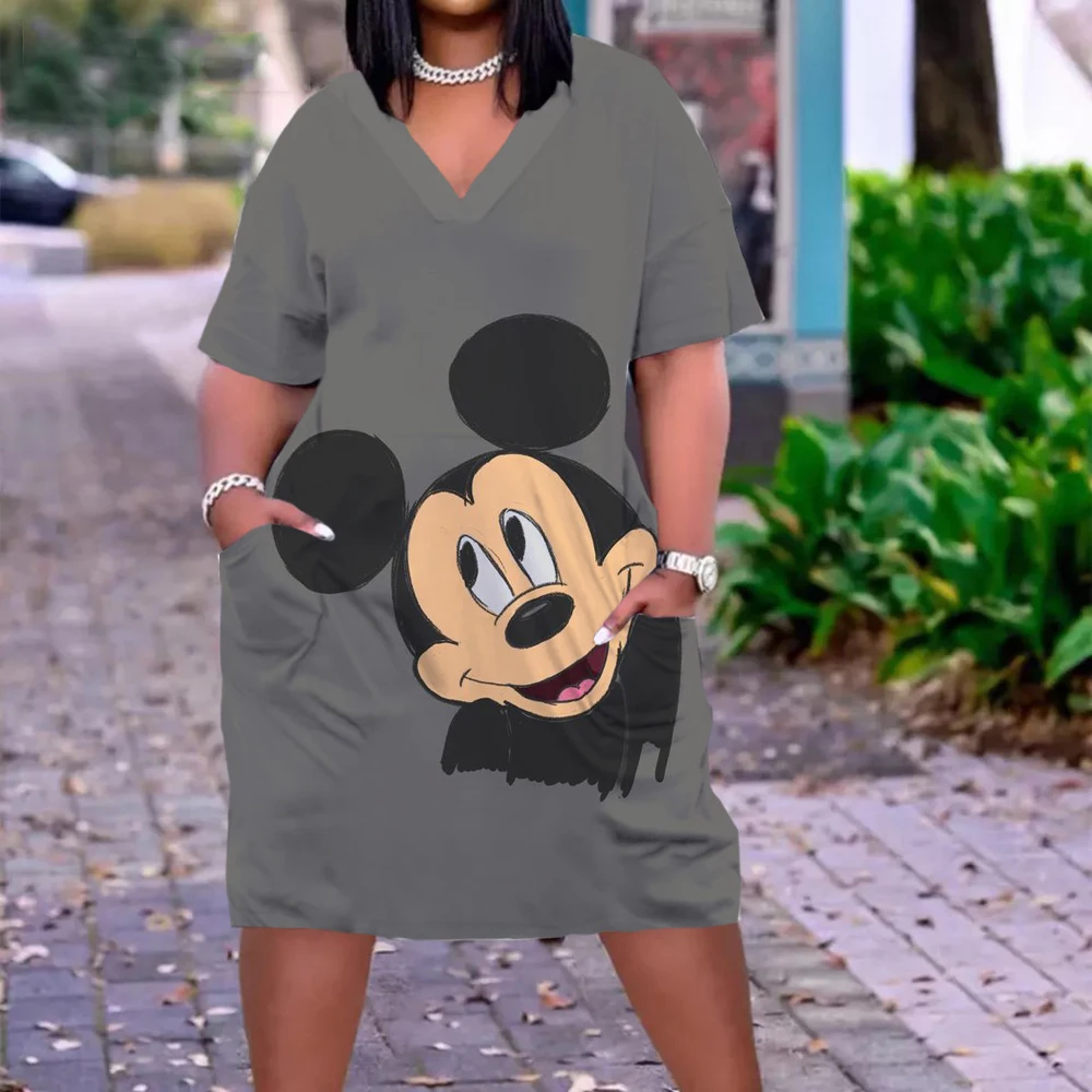Disney Plus Size Midi Dress Long Sleeve Robe Casual Minnie Mickey Mouse Print Beach Loose Dresses Kawaii Sundress Women Clothing