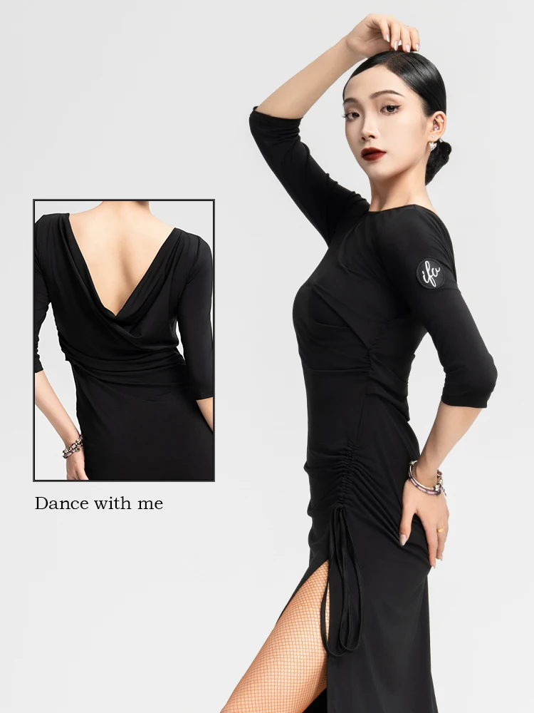 Женское платье для латиноамериканских танцев откровенное с разрезом и рукавом
