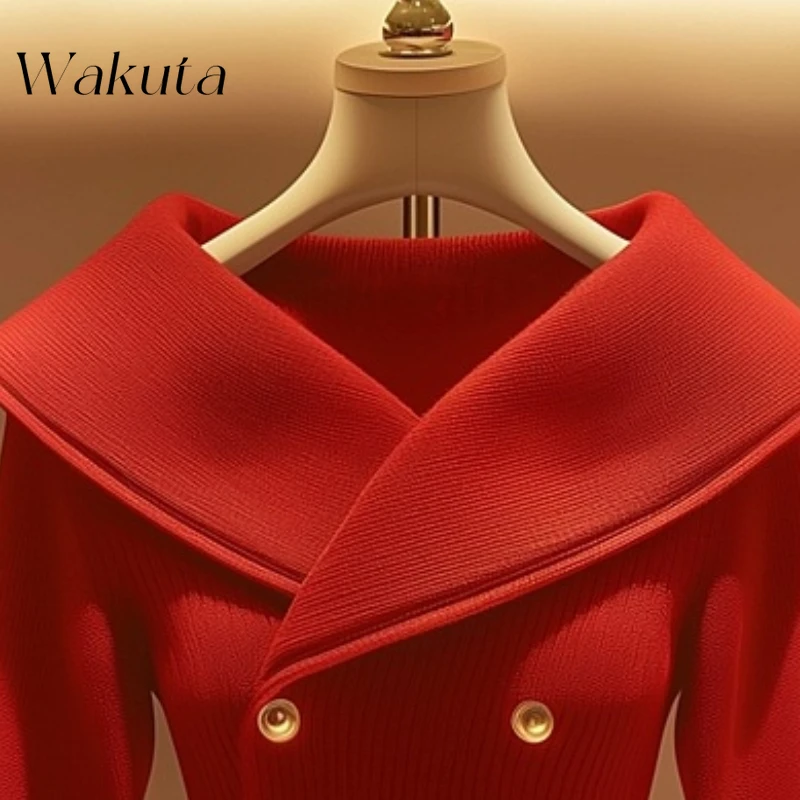 WAKUTA Осенние элегантные вязаные свитера с длинными рукавами и лацканами Design Sense