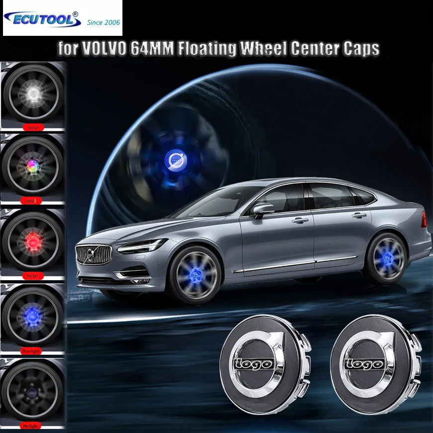 

ECUTOOL for VOLVO 64MM LED Emblem Logo Floating Wheel Center Caps Hubcap Waterproof Hub Lamp Blue Red Multi Colors RGB Light