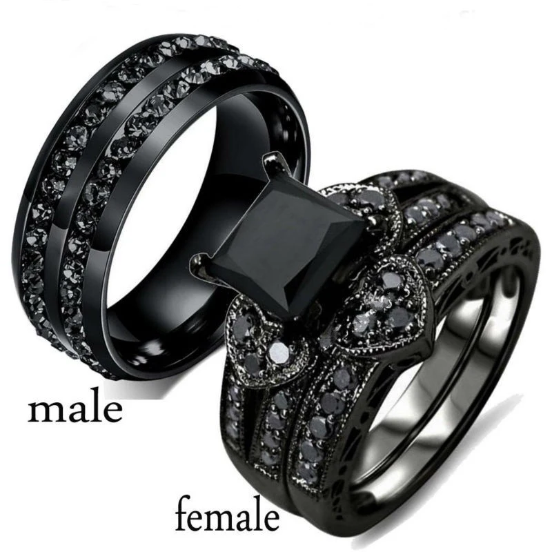

Trendy Black Ring For Men Women Simple 316L Stainless Steel Zircon Men Ring Romantic Heart Women Ring Set Engagement Gift