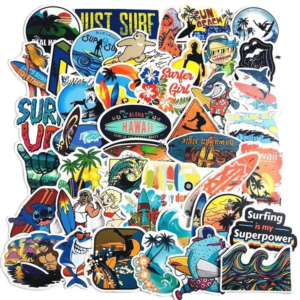 

10/30/50 Pcs Summer Hawaii Beach Scenery Surfing Cartoon Graffiti Waterproof Sticker Decorative Luggage Laptop Surfboard Hat