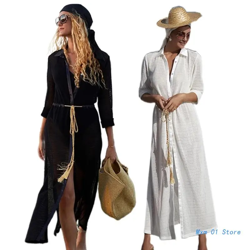 

Womens Casual Short Sleeve Side Split Button Down Long Kimonos Cardigans Swimsuit Cover Up with Belt Shirt Drop shipping