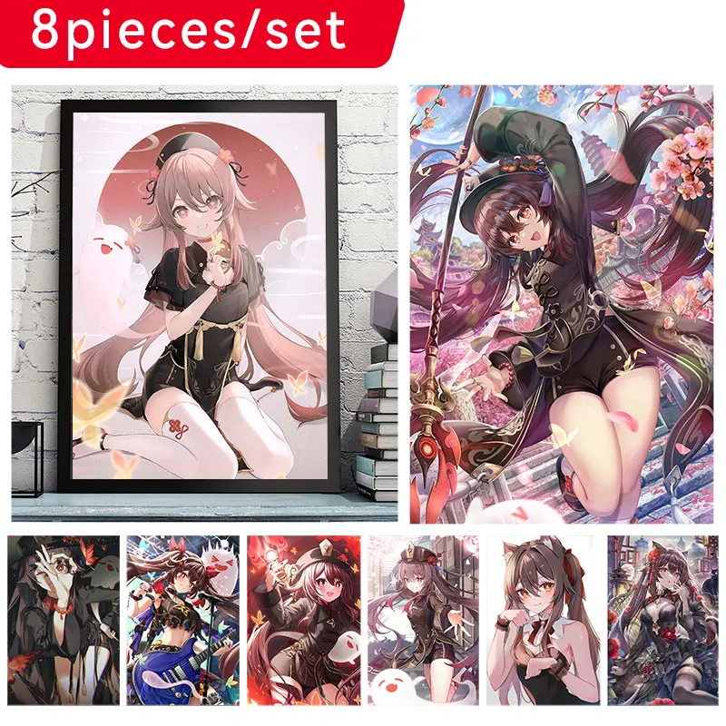 

Hot Anime Posters Genshin Impact Game Characters Hu Tao Suit Decorative Prints Wall Painting White Wall Stickers Pictures Core