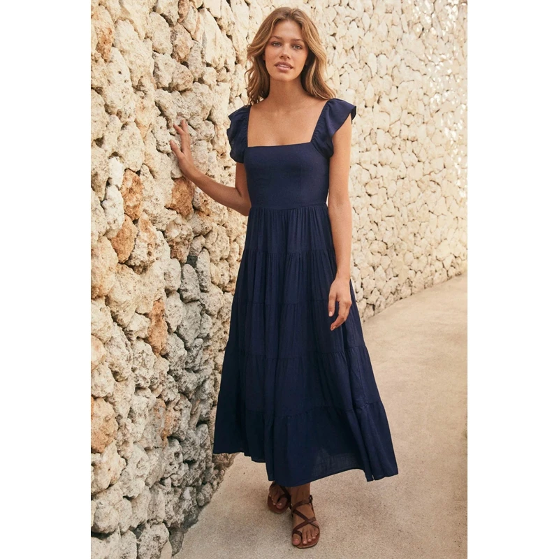 

Женское праздничное платье с коротким рукавом, однотонное плиссированное платье в горошек с открытой спиной и квадратным вырезом, лето