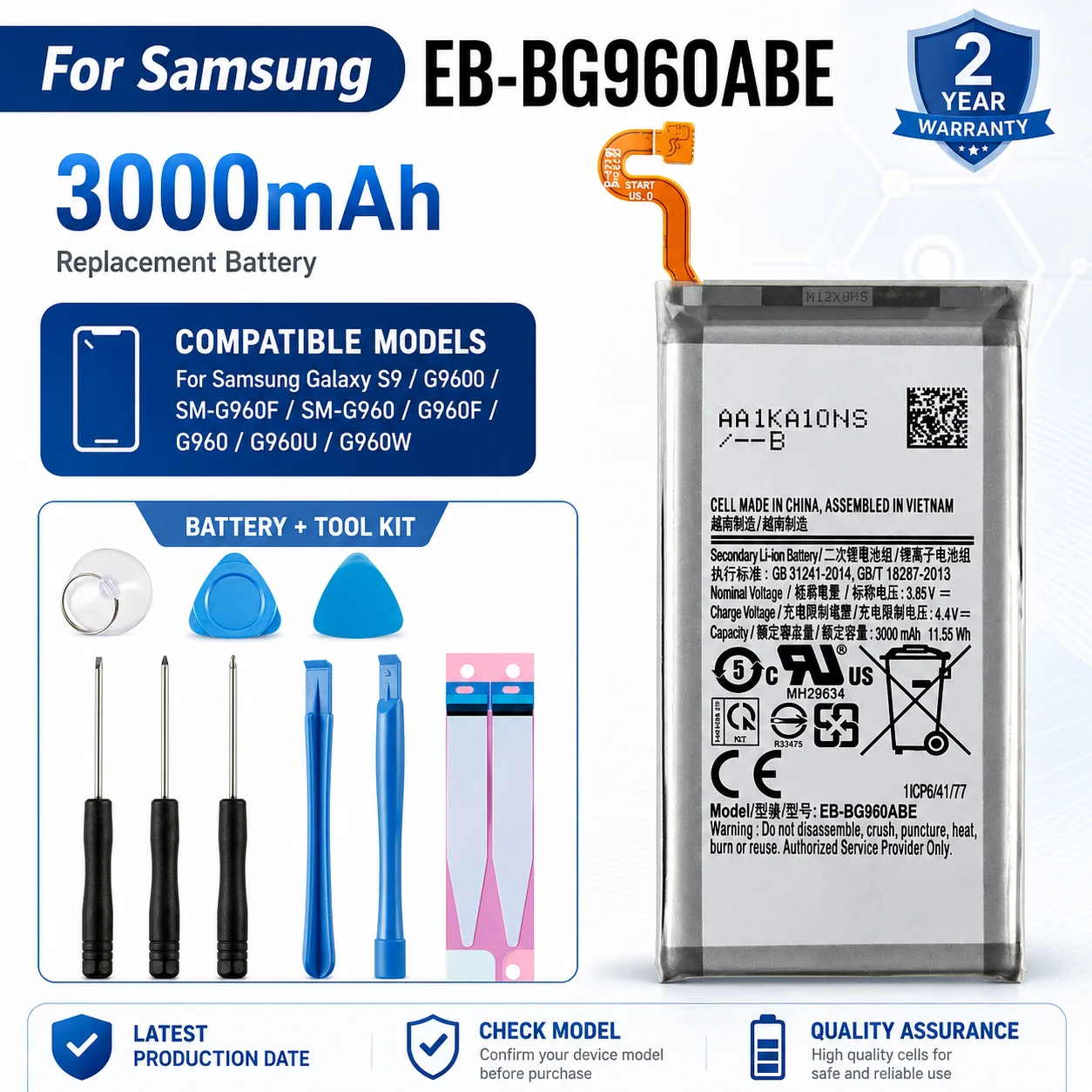 Фото Новая высокоемкостная батарея EB-BG960ABE 3000 мАч для Samsung Galaxy S9 G9600 SM-G960F SM-G960 G960F G960 G960U G960W (запасная часть) №1