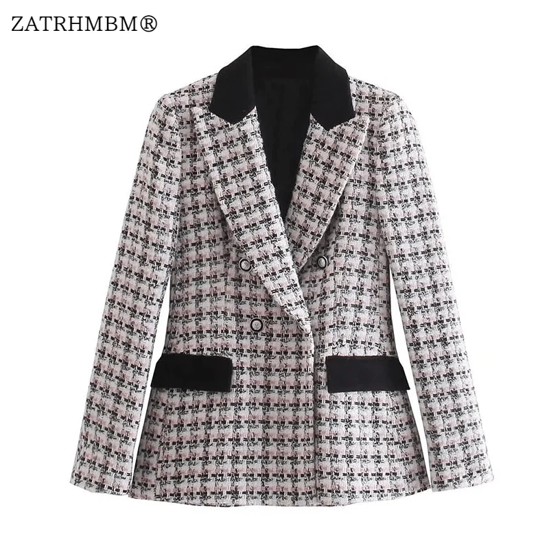 

ZATRHMBM Women 2023 Autumn Fashion Textured Double Breasted Casual Blazer Vintage Long Sleeve Ladies Outerwear Stylish Tops