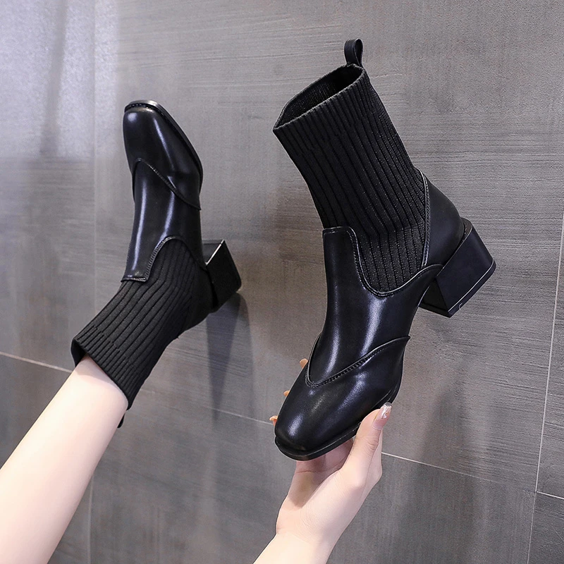 

Женские ботинки на низком каблуке, однотонные удобные ботинки из искусственной кожи на квадратном каблуке, весна-осень 2022