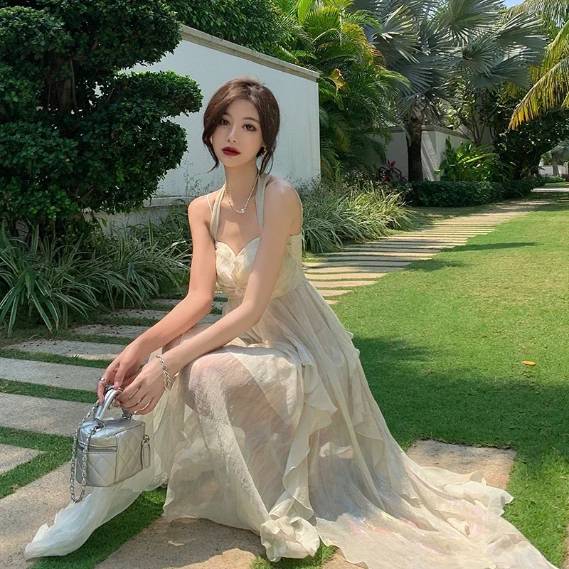 

Сексуальное женское платье, повседневное Элегантное платье без рукавов с подвесным воротником, офисное женское длинное пляжное платье с разрезом, летняя юбка