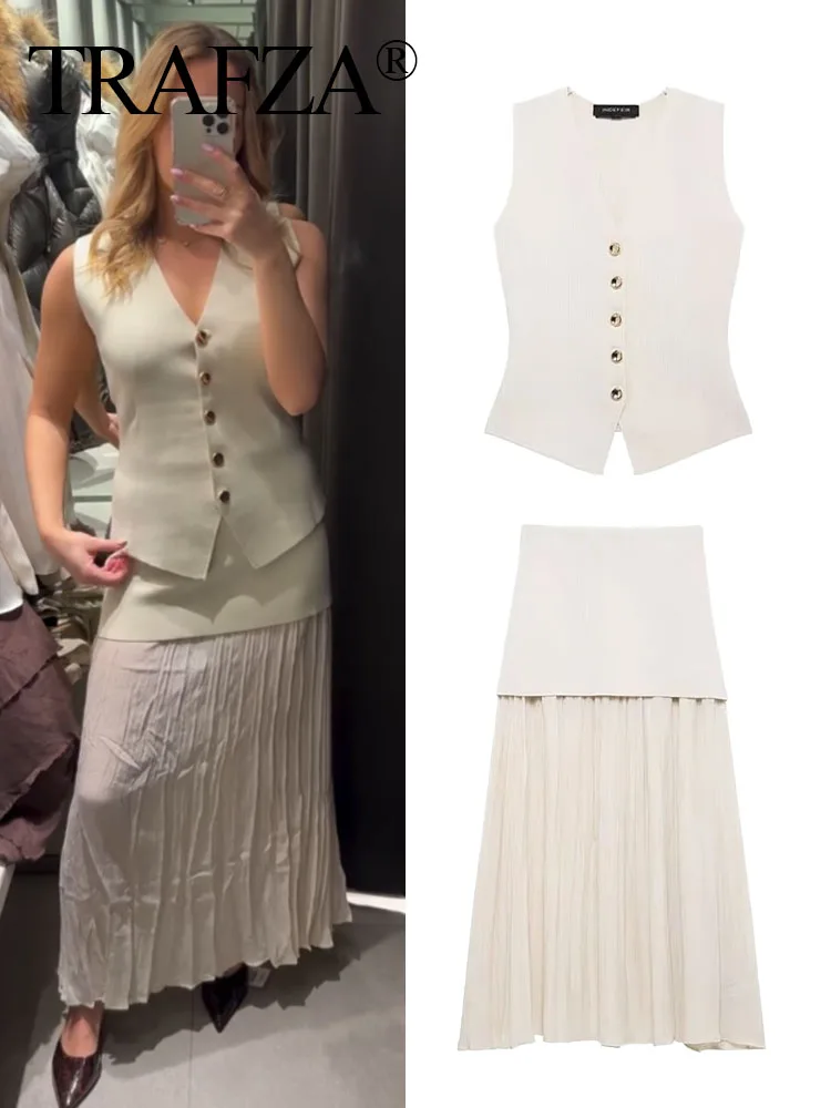 TRAFZA Новый модный женский комплект из 2 предметов вязаный жилет без рукавов с