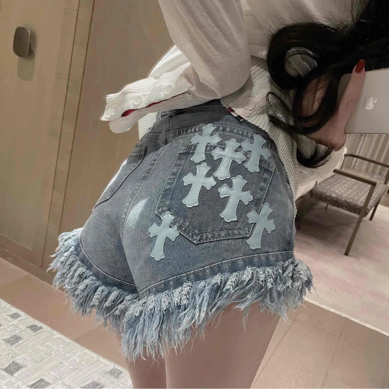 Summer Retro Gothic Denim Patch Shorts Ladies Trend High Street Harajuku High Waist Wide Leg Pants Loose Hot Girl Style