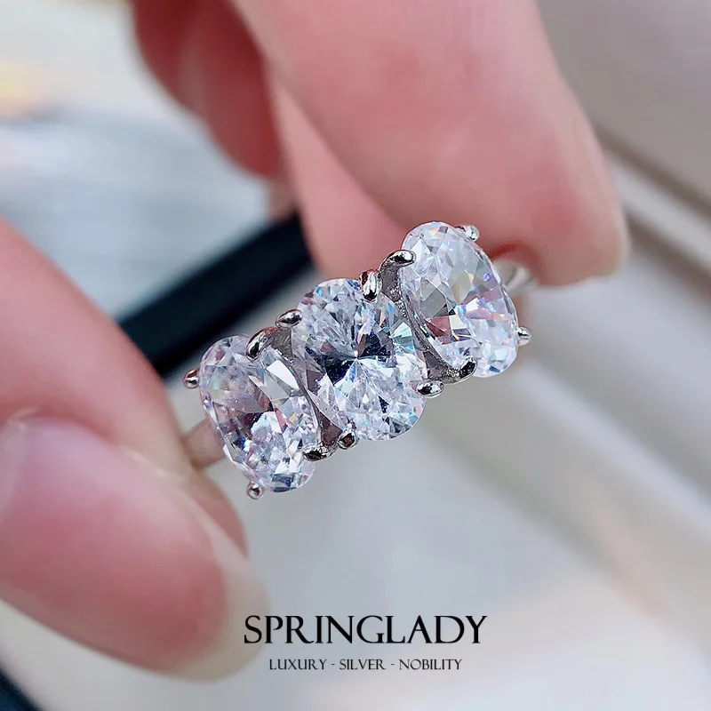 

SpringLady 925 Sterling Silver 3 Oval White High Carbon Diamond Wedding Rings For Women Sparkling Fine Jewelry