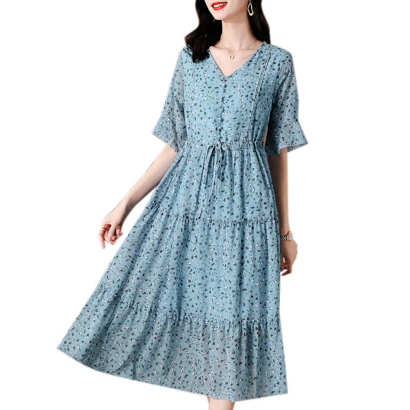 

Summer Woman Chiffon Lanon Mid-calf Dress V-Neck Button Belt New Fashion Floral Flare Short Sleeve Dresses Female