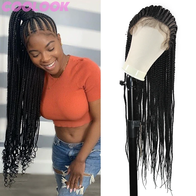 Ombre Box Braid Lace Front Wig with Baby Hair 36'' Long Knotless Box Braid Wigs Lace Wig Synthetic Braided Wigs for Black Women