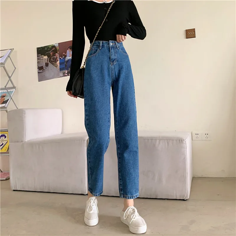 Women Straight Leg Denim Pants 2021 High Waisted Jeans for Female Bottom Vintage Streetwear Fashion Clothes Blue Black Classic