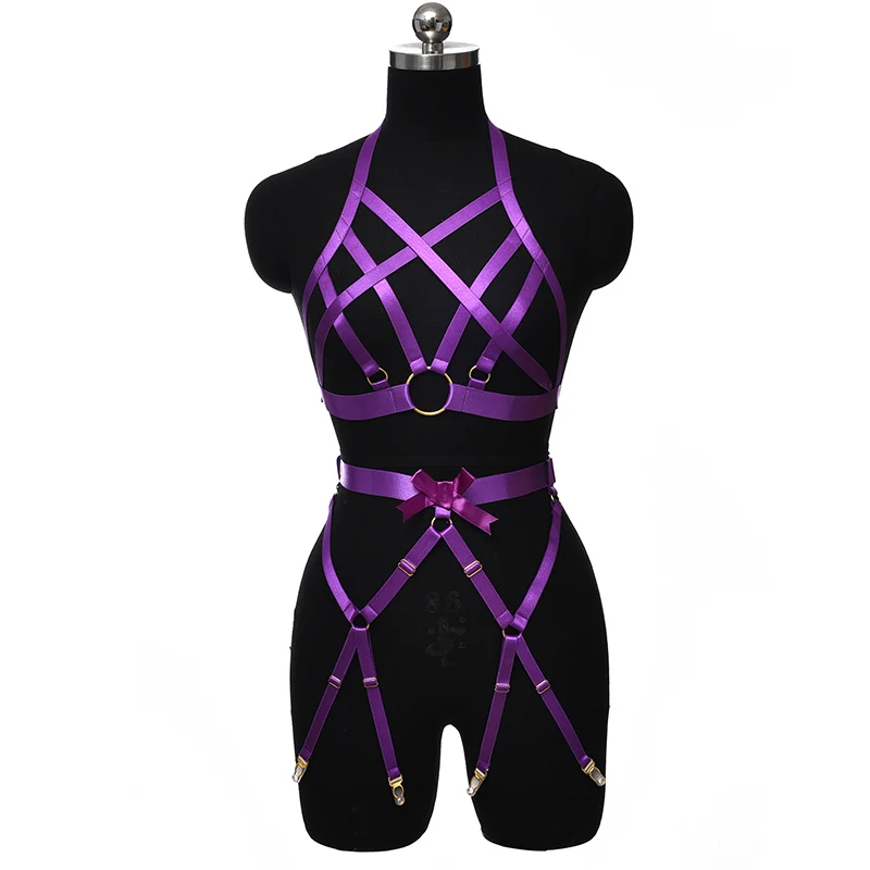 

Women Fetish Purple Garter Belt Sexy Body Harness Briefs Bondage Hollow Panties Adjustable Elastic Cage Gothic T-back Lingerie