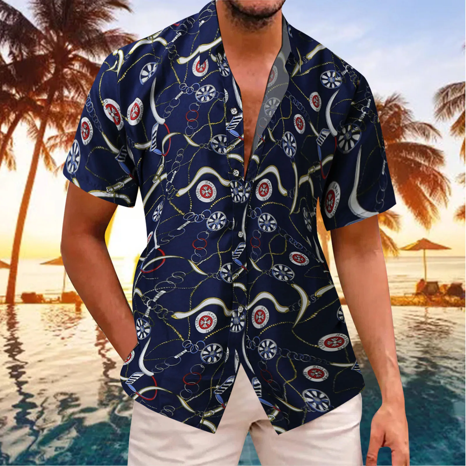 

Pajama Short Sleeve Mens Fashion And Leisure 3D Digital Printing Buckle Lapel Short Sleeve Shirt Top Mock Neck T Shirt