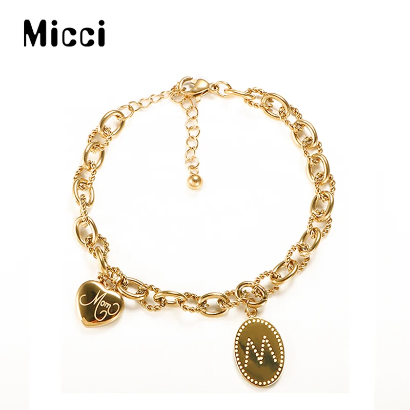 

Micci Gold Heart Charm MOM Bracelet Ladies Stainless Steel M Letter Laser Engraving Factory Wholesale Custom DHL Free Shipping