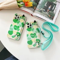 cute green heart wrist strap holder crossbody strap lanyard soft phone case for iphone 13 12 11 pro x xr xs max 7 8 plus cover