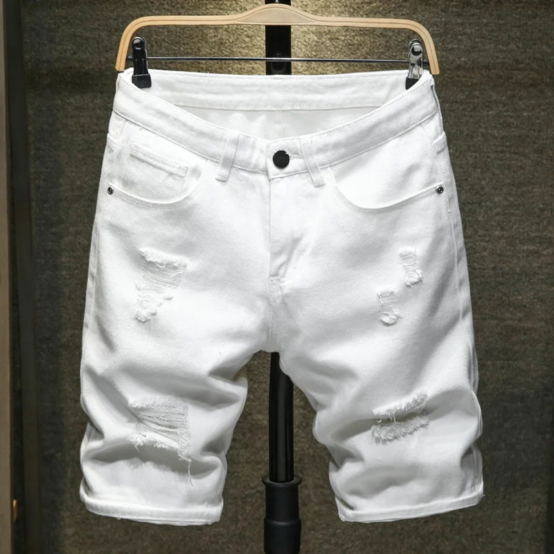 

Джинсовые шорты для мужчин, рваные потертые классические простые модные повседневные приталенные штаны из денима, до колен, белые
