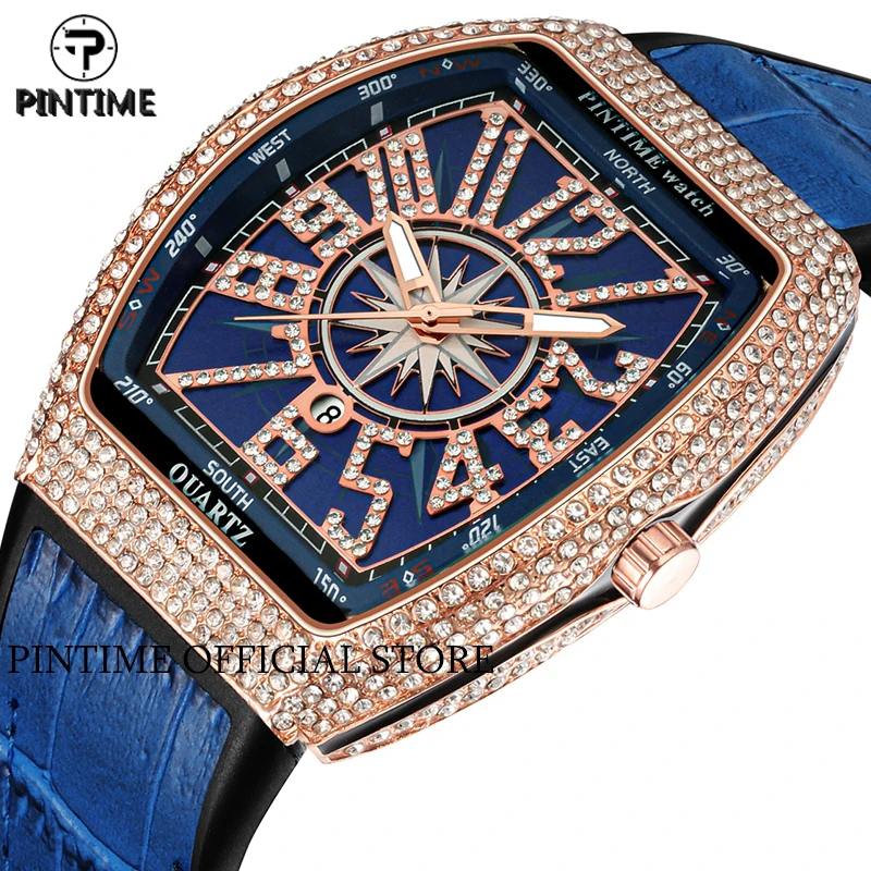 

PINTIME Quartz Watch Men Luxury Iced Out Diamond Hip Hop Watches Military Man Mens Wristwatch Clock Male Zegarek Meski Montre