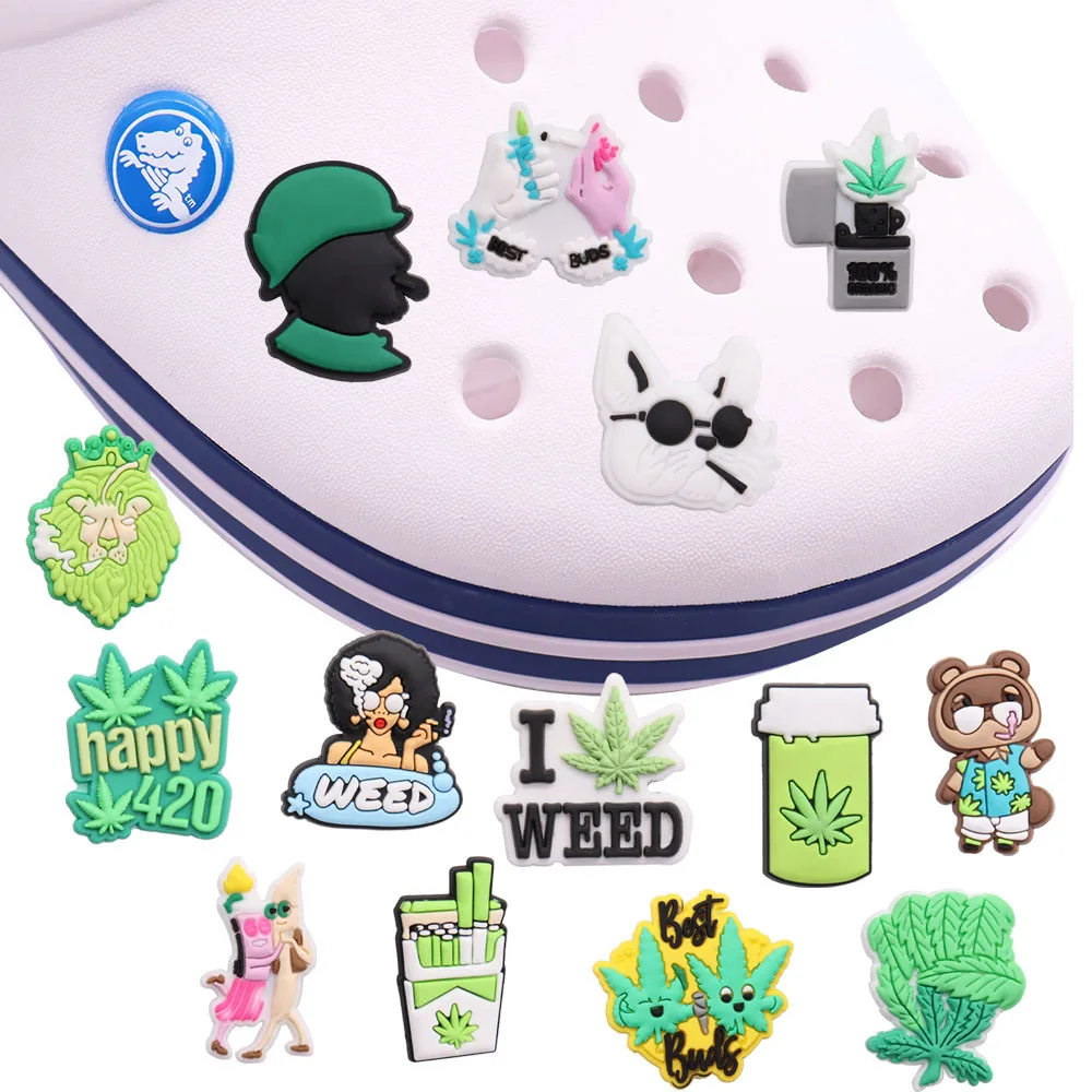 

New 1pcs Weed Happy 420 Plant PVC Accessories Shoe Charms Cute Shoe Buckle Decorations fit Croc Wristband Party Kid's Gifts