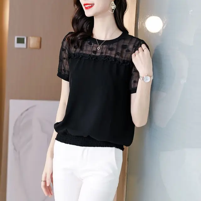Fashion O-Neck Spliced Gauze Ruffles Hollow Out Blouse Women's Clothing 2023 Summer New Oversized Casual Tops Office Lady Shirt