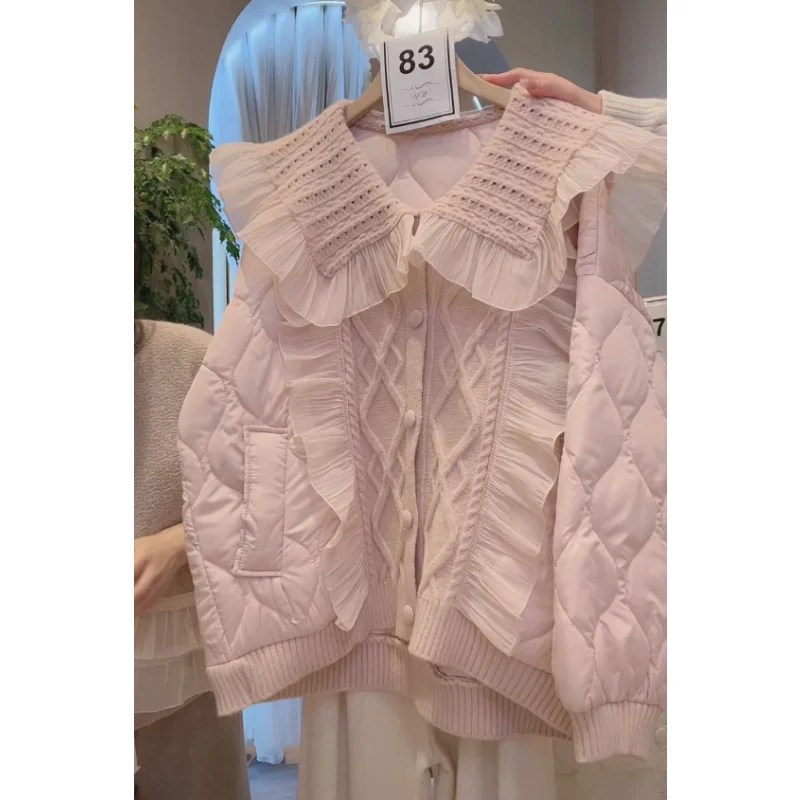 Autumn and Winter New Sweet Baby Collar Parkas Korean Version Loose Skinny Fairy Pink Knitted Patchwork Cotton Coats for Women enlarge