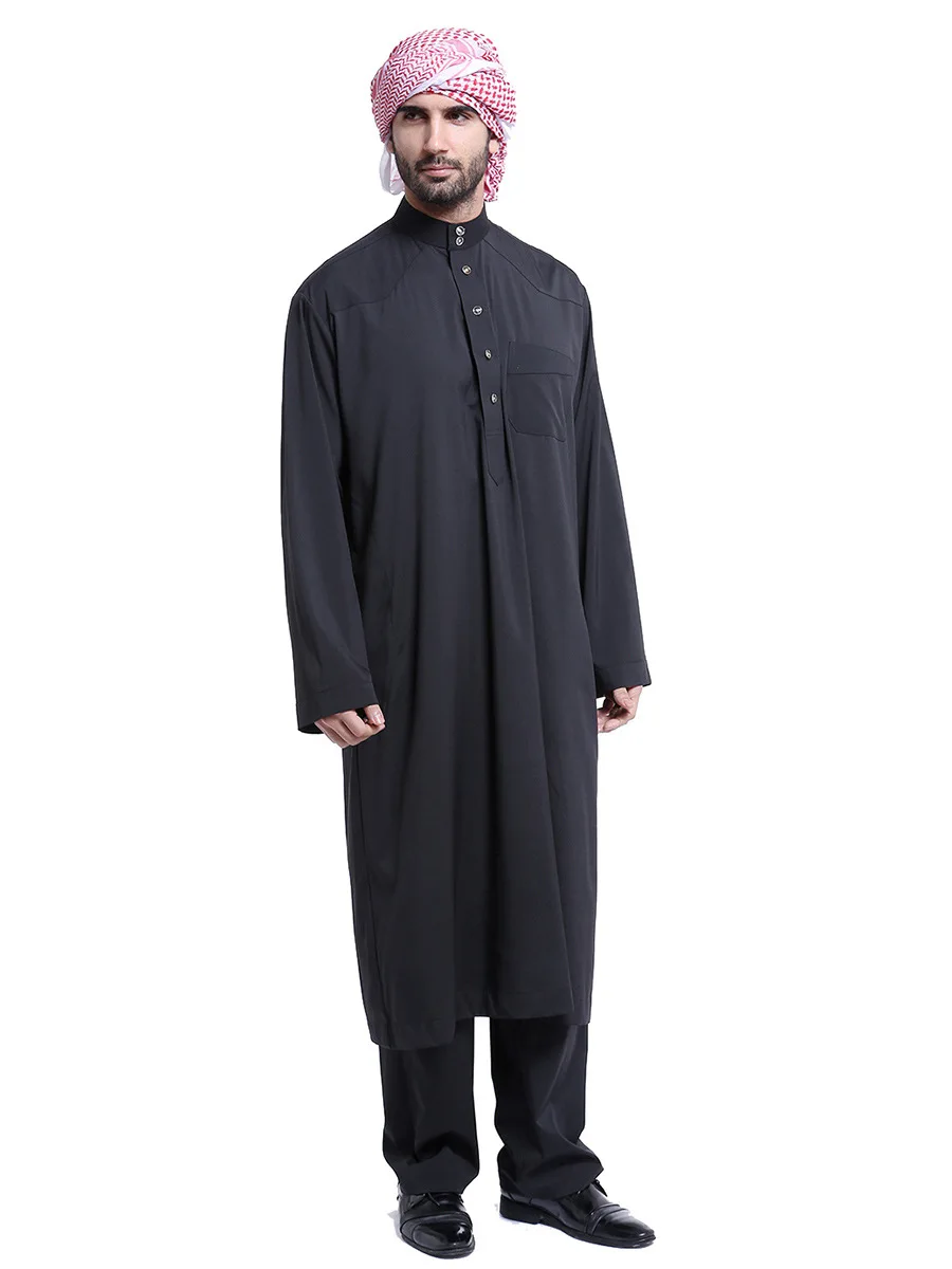 Middle Eastern Ensembles Musulmans Solid Color Men's Abaya Long Sleeve Stand Up Collar 2-piece Set Saudi Black Abayas