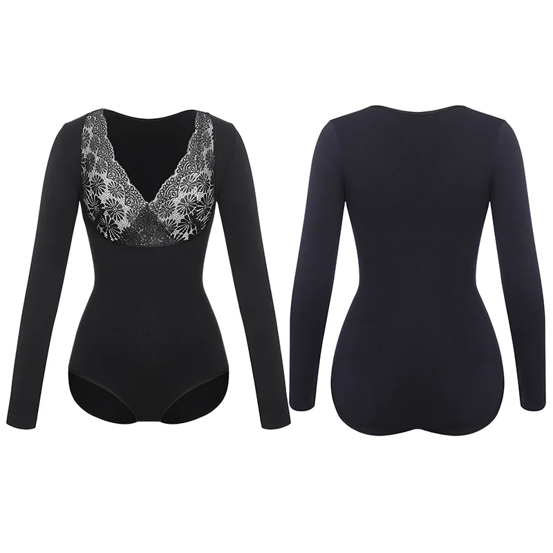 Bodysuits Long Sleeve Seamless Thermal Shaper JOYSHAPER Sexy Lace Patchwork Women Autumn Winter Deep V Neck Shapewear Undershirt