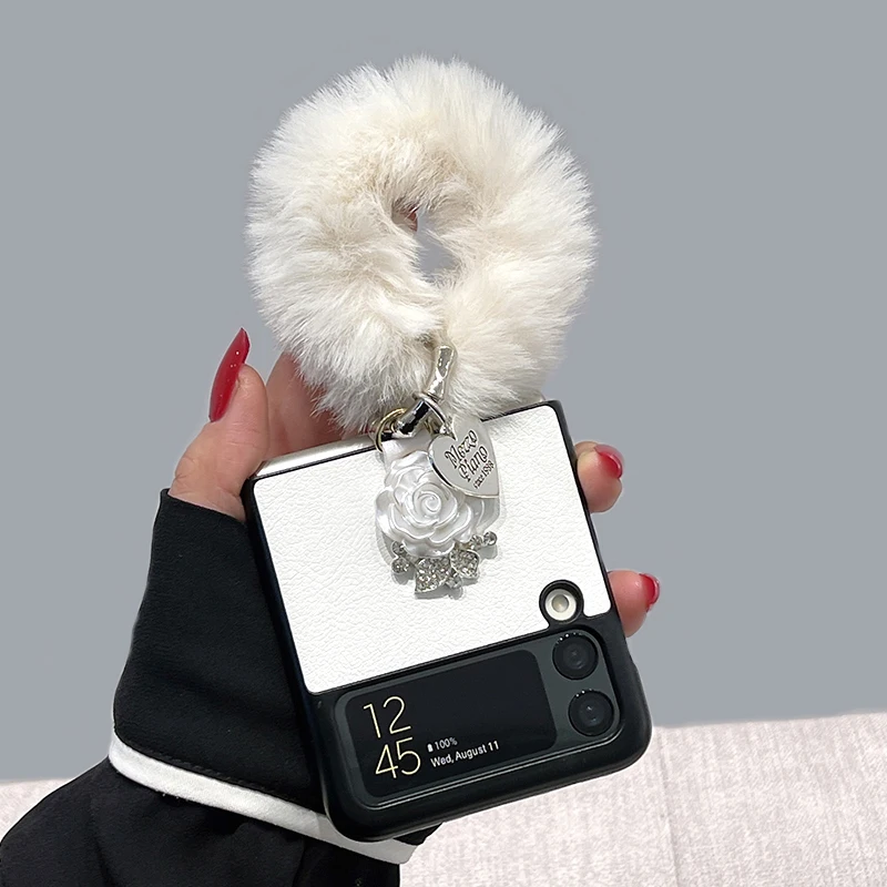 

Белый плюшевый очаровательный чехол для телефона Samsung Galaxy Z Flip3, Роскошный чехол для телефона с кольцом-кристаллом для Samsung Galaxy F7110, Новогодни...