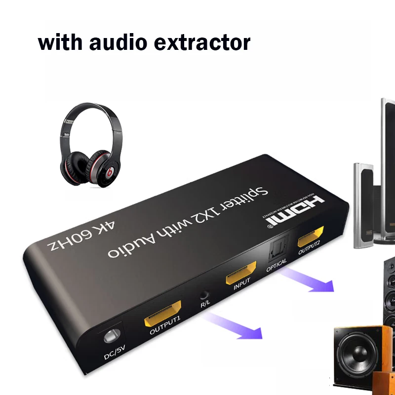 Фото Разветвитель HDMI 4K, 60 Гц, аудиоэкстрактор, разветвитель 1x2, переключатель HDMI 1 в 2, с оптическим Toslink + аудиовыходом 3,5 мм для PS5/4 PC TV №3