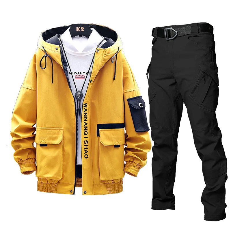 

Spring Autumn Men Thin Fishing Suits Outdoor Hiking Clothes Casual Windproof Breathable Hooded Windbreaker + Pants Two Piece Set