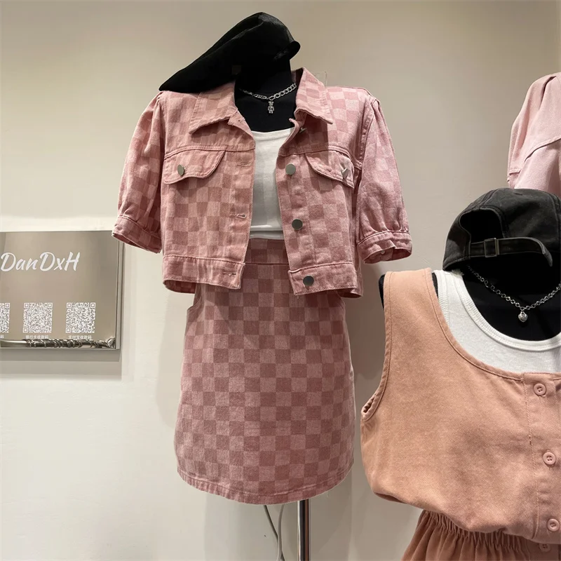 

Summer Women Fashion Khaki Pink Plaid Set Lapel Short Sleeve Cropped Jacket Short Skirt Female Casual Two Piece Suits Ropa Mujer