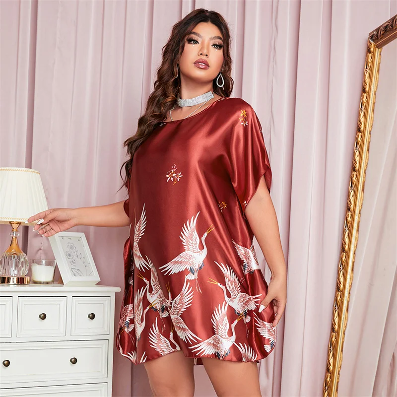 

Women's Spring Summer Ice Silk Pajama Sexy Nightwear Casual Loose Plus Size Breathable Pullover Homewear Crane Nightgown Skirt