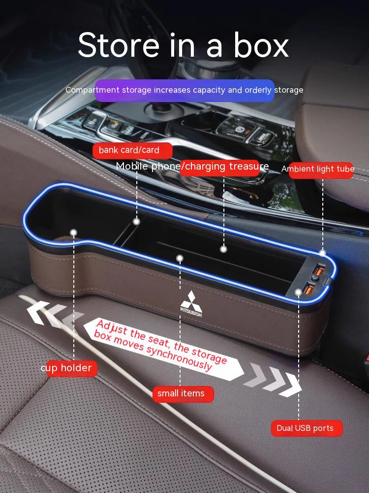 Фото Для Mitsubishi Outlander Pajero Asx Lancer EX Evolution X Ralliart Автомобильный USB-зарядка Цветной светильник Чехол для хранения сиденья Коробка для зазора сиденья №5