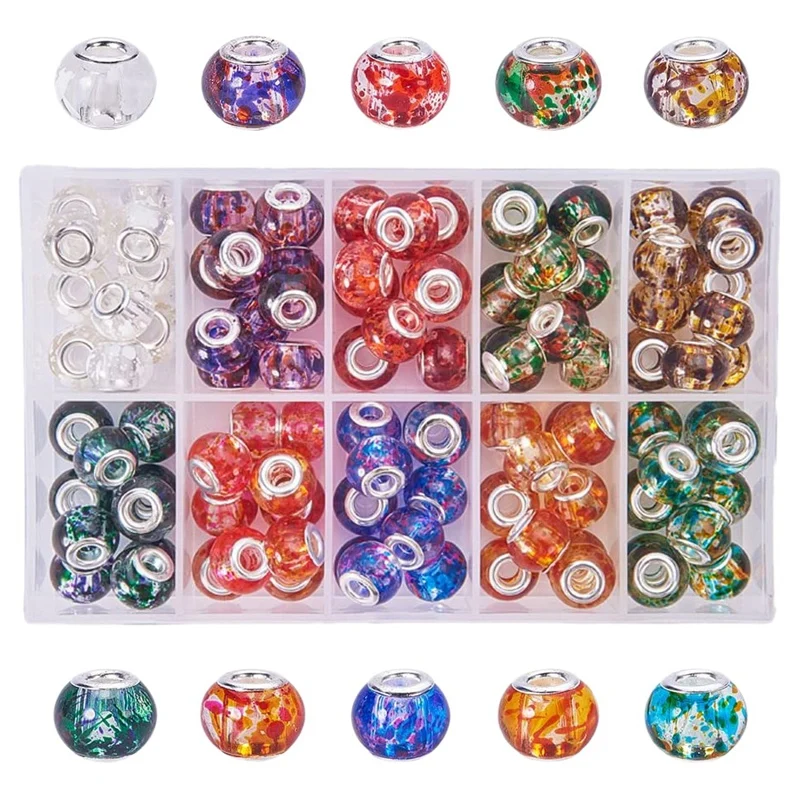 

100Pcs 10 Colors Painted Glass Beads Large Hole Beads for European Charm Bracelet for Jewelry Making with Plastic Box