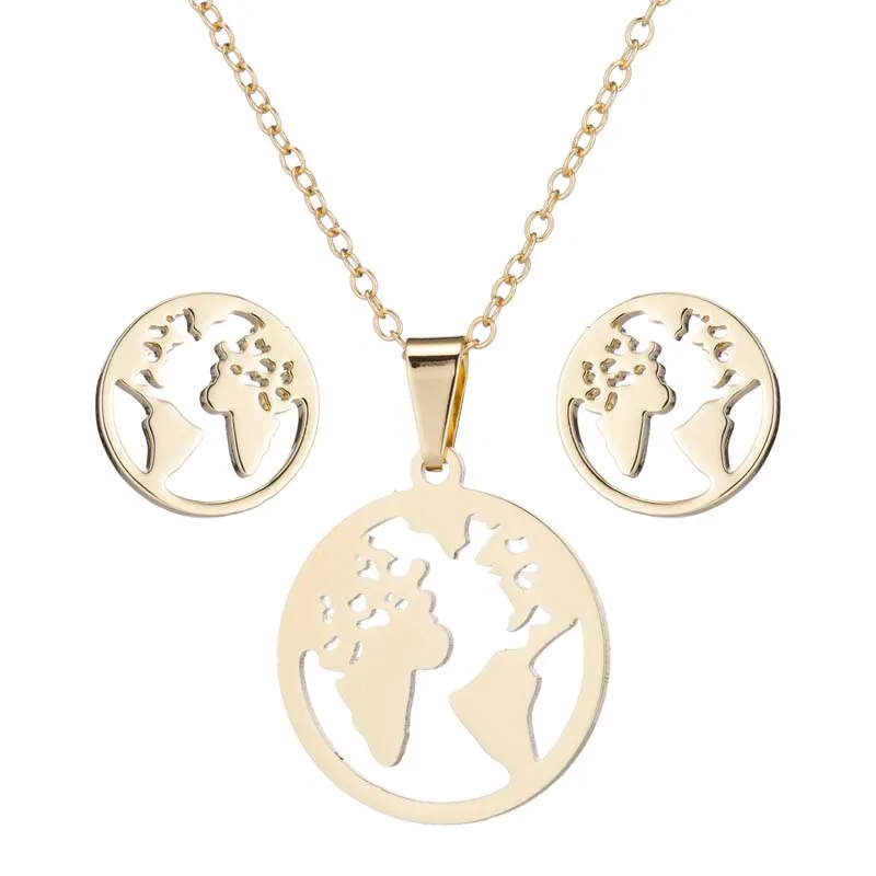 

New Stainless Steel World Map Pendant Necklace Women'S Creative Map Necklace Set