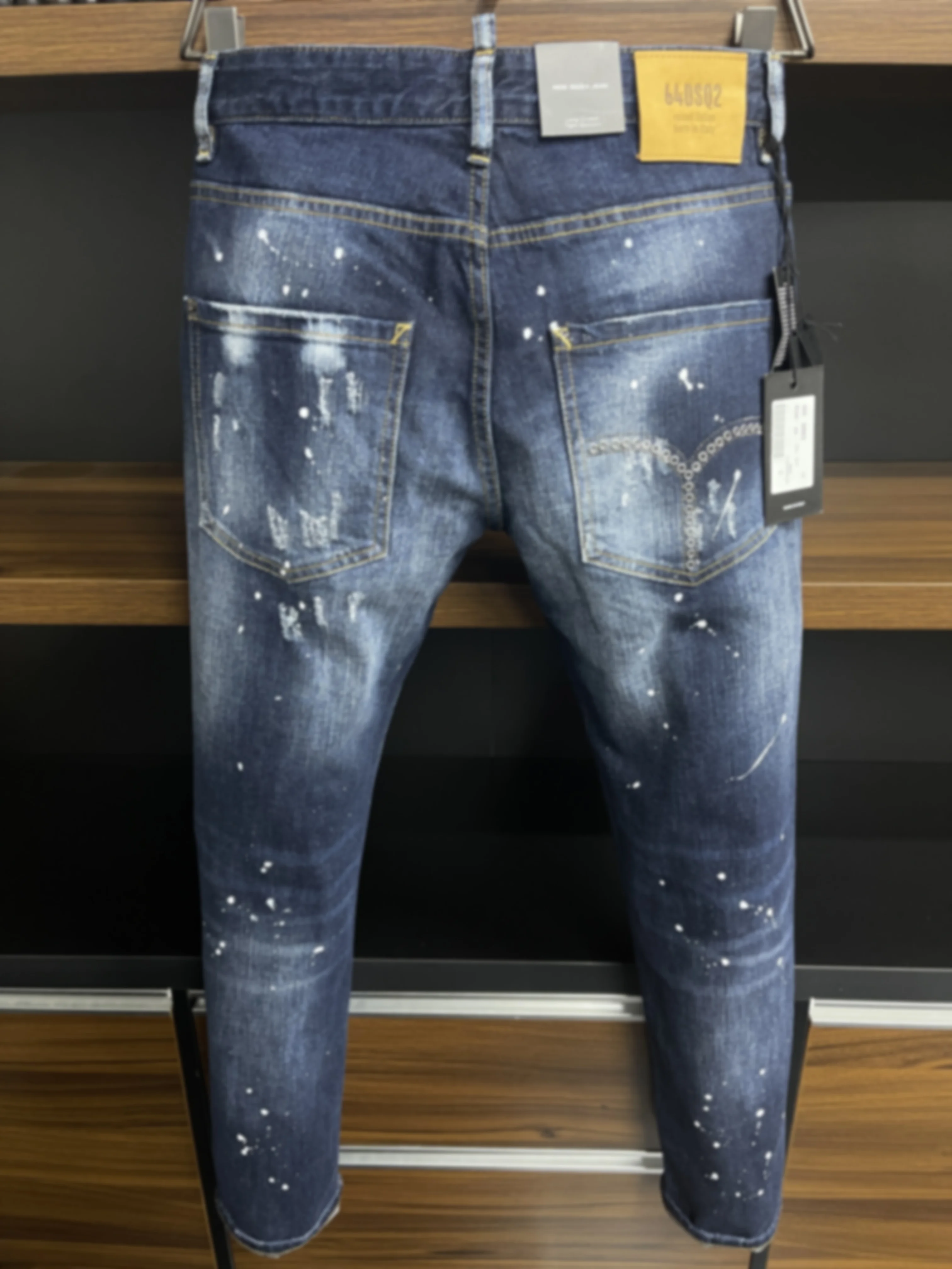 2023 New D2 Jeans Trendy Men's Blue Perforated Fashion Patch Ink Breaking Paint Elastic Slim Fit Leggings