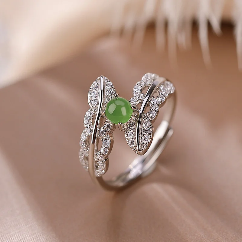 

Yilu silver S925 Hetian Jasper pure light luxury fashion design leaf bead ring versatile elegant