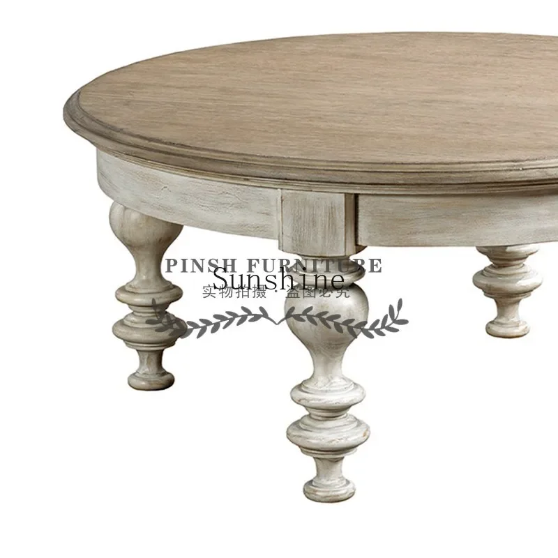 Американский классический круглый журнальный столик из цельного дерева резной