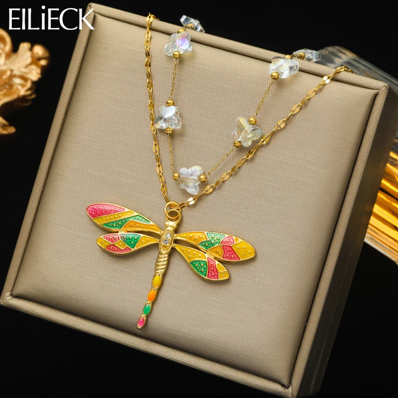 

EILIECK 316L Stainless Steel Colorful Enamel Dragonfly Pendant Necklace For Women Girl Fashion Crystal Chain Jewelry Gift Party