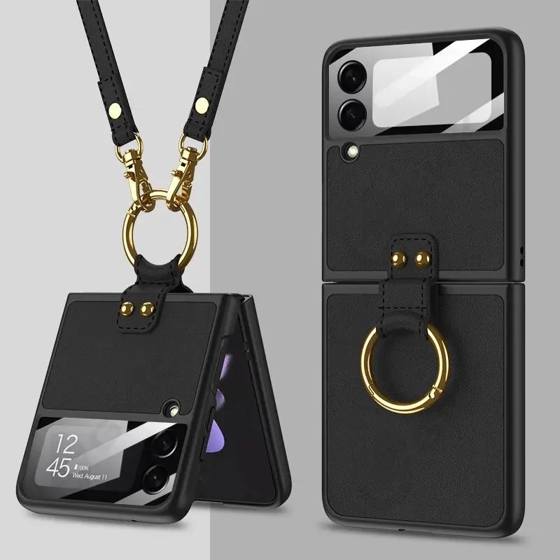 

Case For Samsung Galaxy Z Flip 3 Flip3 5G Case Leather Back Finger-Ring Stand Camera Screen Glass Cover For Samsung Z Flip 3 5G