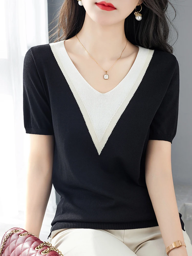 

Contrast Color Womens Shirt V Neck Women T Shirt 2022 Summer New Ladies Knitted Tops Short Sleeve Tshirt Casual Clothes Camiseta