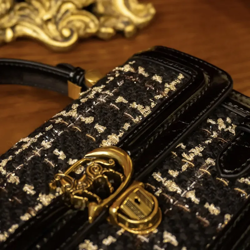 Woolen Plaid Lock Button Small Square Handbag  Women's Bag 2023 New  High Sense Versatile Fashion One Shoulder Satchels