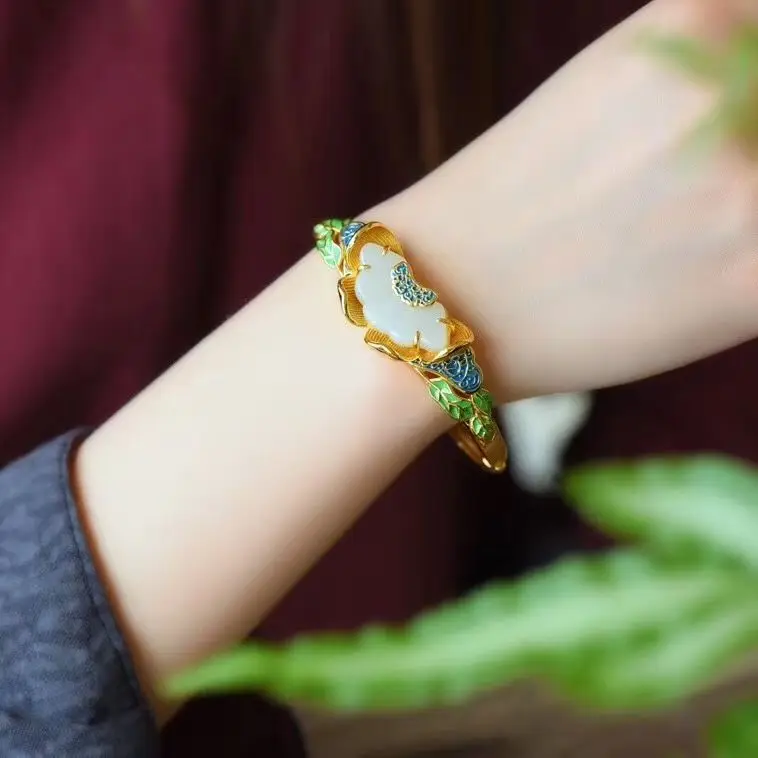 

Gold Plated Khotan Jade Vintage Bracelet For Women Natural Stones Bangles Luxury High Quality Aesthetic Free Shipping Cute
