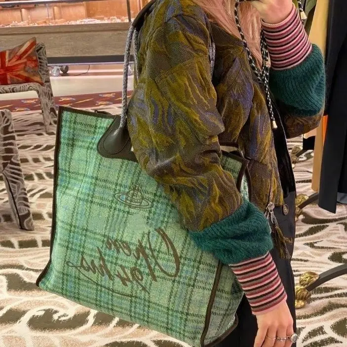 

New simple green lattice tote bag large-capacity canvas bag bag bag retro high-grade women's bag single-shouldered