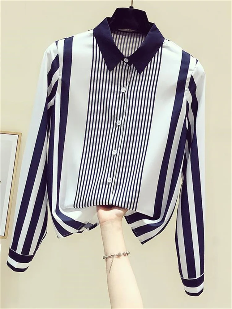 

2022 New Office Lady Turn-down Collar Straight Loose Button Shirts Blue Striped Long Sleeve Blouses Spring Thin Women's Clothing